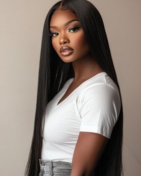 African American woman, waist upwards in white T-shirt and grey jeans, full glam makeup , model studio photoshoot with off white background