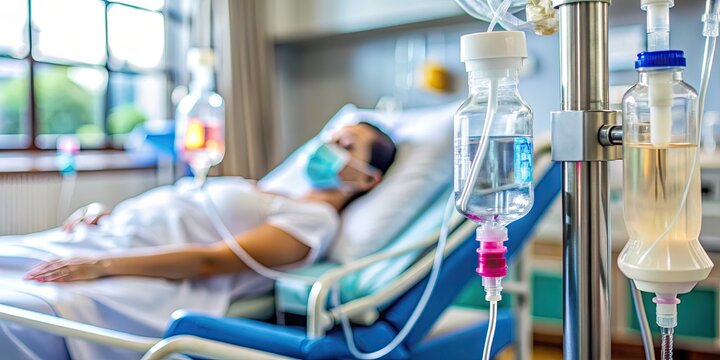 Close-up of IV bag and tubing connected to a patient's arm, with a variety of medication vials and medical equipment in the background.