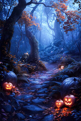 Halloween night showing mysterious forest path lit by jack o lanterns