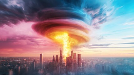A futuristic city with a tornado made of energy swirling in the background representing a weather experiment gone wrong. Typhoon