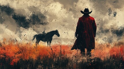 Fototapeta premium Abstract Cowboy and Horse in Artistic Western Landscape With Fiery Orange Grass
