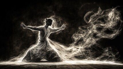 Obraz premium A single figure, outlined in white light, is in a pose of prayer, with flowing light trails behind them against a dark background.