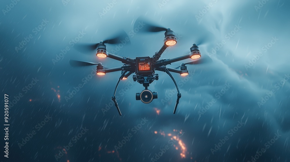 Poster a futuristic drone capturing a tornado from above with real-time data being analyzed on the screen. 