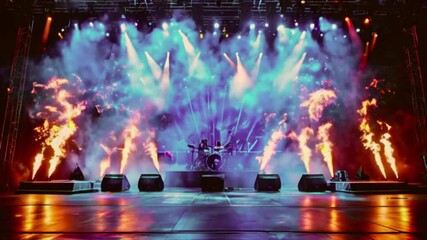 Empty Stage Prepared for a Rock Concert, Flames and Stage Smoke, Dramatic and Anticipatory Atmosphere