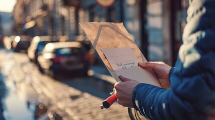 A letter being delivered to a rural area by a mail carrier on a bike,