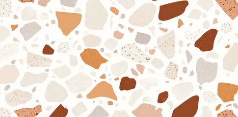 A terrazzo surface with a light grey background and a mix of brown and beige stones, forming a seamless pattern..
