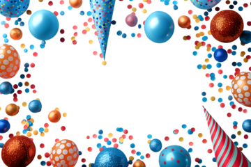 Creative party template. Party hat, streamer, confetti, glitter ornament, disco sequin ball on transparent background cutout, PNG file. Mockup template for artwork. Wallpaper banner. flat lay top view