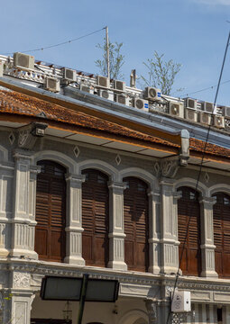 Heritage house with air conditioners in the Unesco World Heritage old town, Penang island, George Town, Malaysia
