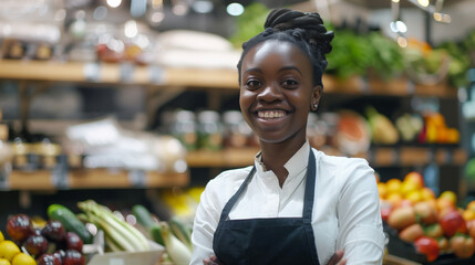 Fototapeta premium Smiling african american female seller in health food store