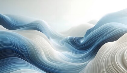 Abstract blue and white wave patterns flowing through a soft landscape background with gentle light