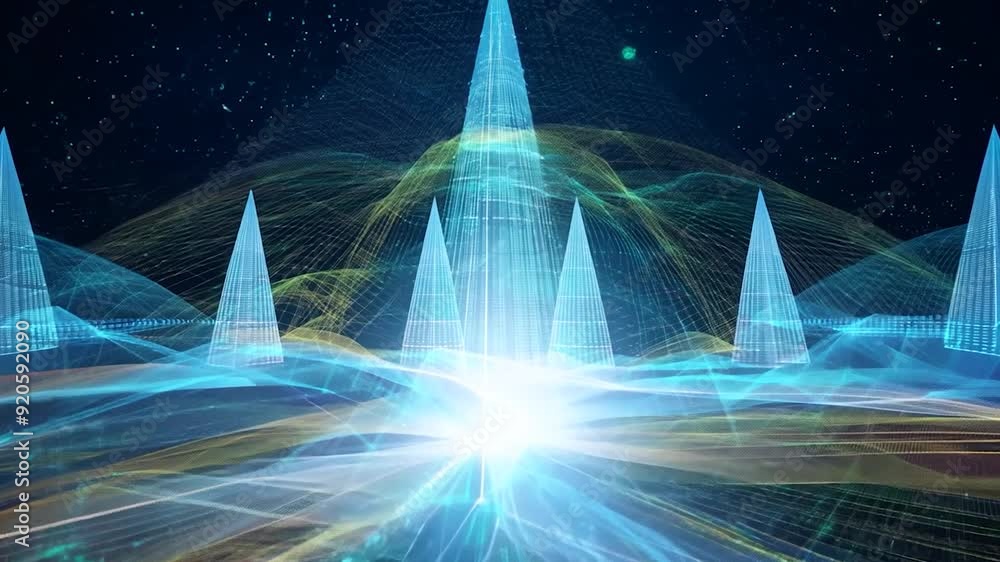 Poster abstract digital city with luminous lines converging towards a central point, symbolizing data flow 