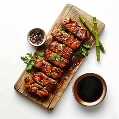 Plate of tasty Pork with Bamboo Shots with on white background.