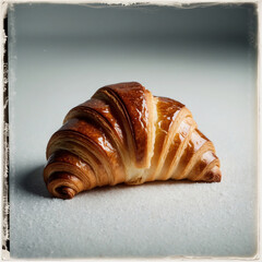 One croissant closeup, isolated on white background.