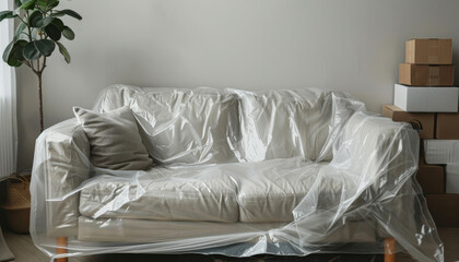 Stylish Sofa Covered in Plastic Film with Boxes at Home