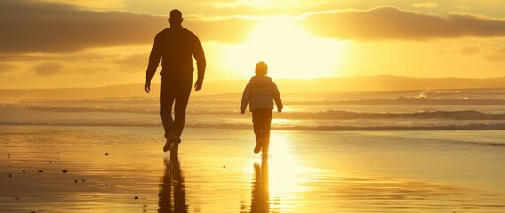 A man and child walk side by side on a beach, their silhouettes outlined against a golden sunset, reflecting serenity and the bond between them.