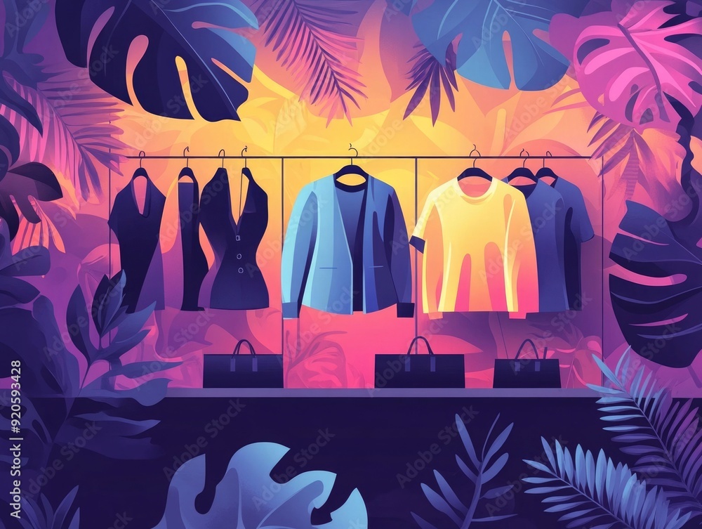 Poster flat design depicting a fashionable in store event or display highlighting new merchandise and produ