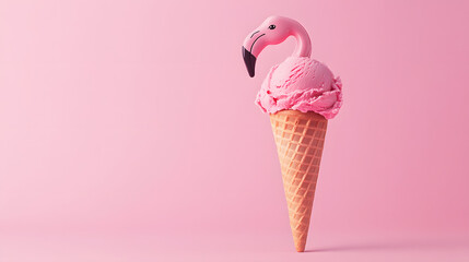 Ice cream cone with one light pink raspberry ice cream scoop with flamingo head decoration on a light pink background with copy space for text. Food photography concept.