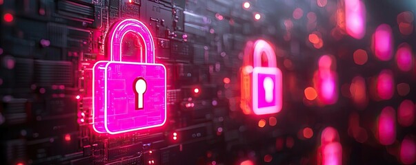 Brightly lit padlock icons in neon colors, glowing on a digital wall, side view Represents secure data systems Technology tone Monochromatic Color Scheme