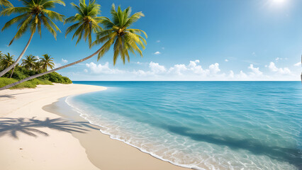 Peaceful Sunny Sand Beach With Palm Trees, Professional Photo