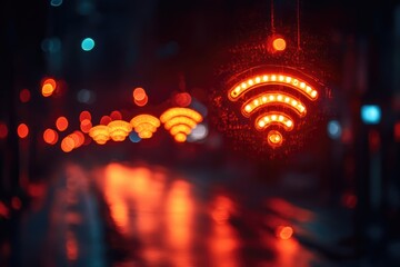 Fototapeta premium Red wifi symbol glowing in the dark city at night with bokeh lights