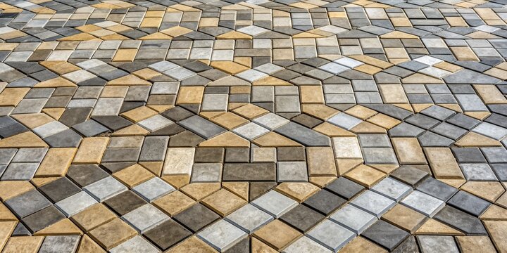 Intricate geometric pattern of interlocking stone pavers in shades of gray and beige, creating a sophisticated and inviting outdoor walkway or patio design element.