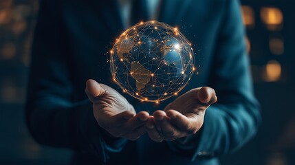 Fototapeta premium Business professional holding a glowing globe symbolizing global connectivity at night with a city skyline in the background