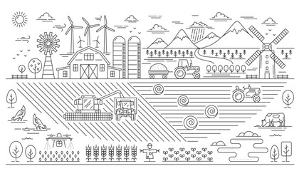 Obraz premium Line agriculture farm landscape, eco village plantation. Vector outline organic farm field with tractor harvesting crop plants, barn and windmill, vegetable garden and trees, road and wind turbines