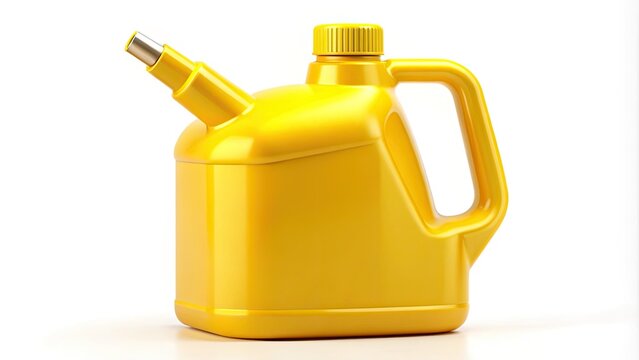 A bright yellow oil can with a rounded body and narrow spout stands upright on a white background, isolated and sharply focused.