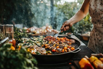 Chefs preparing delicious barbecue food for garden party