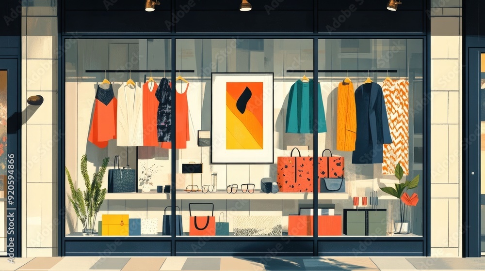 Poster fashionable retail window display featuring a flat design that aligns with a modern marketing campai