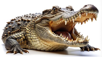 Fototapeta premium A large, scaly crocodile specimen with a menacing gaze, sharp teeth, and powerful jaws, isolated on a pure white background with claws grasping the air.