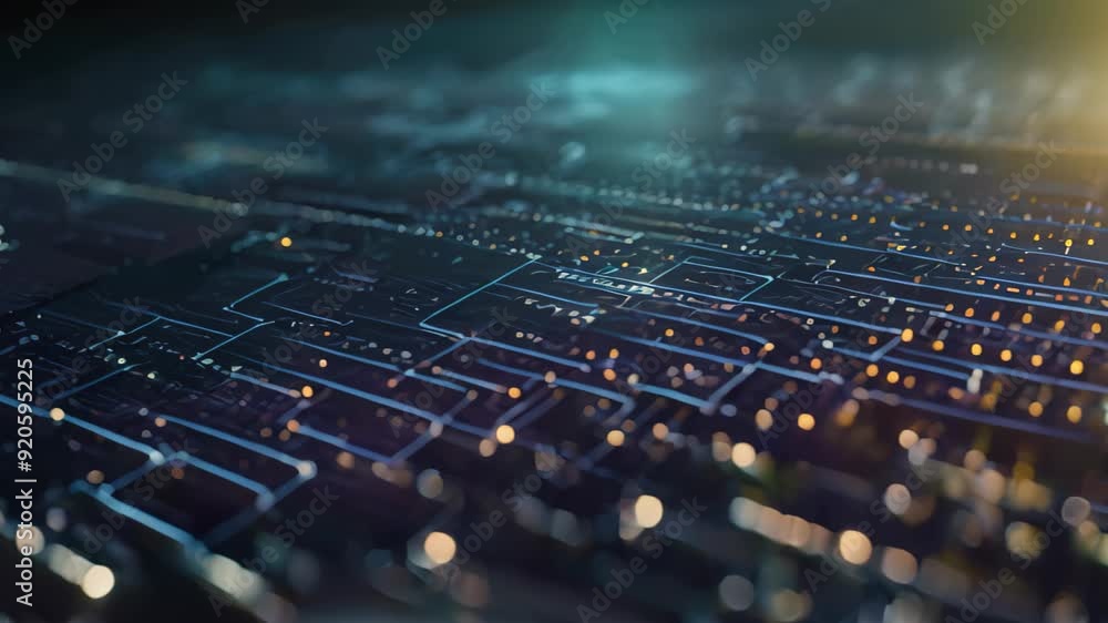 Poster abstract technology background with glowing lines and bokeh. 3d rendering, coding, programming, deve