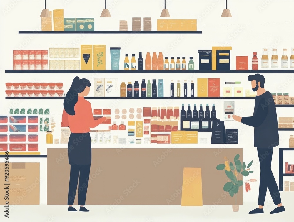 Poster optimized merchandising strategy for impactful in store visual presentation and product display flat