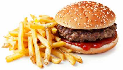 Burger with Beef Patty, Tomato Sauce, and Fries, Isolated