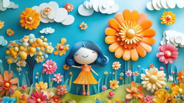 Colorful 3D Paper Art Landscape with Happy Girl in Flower Field on a Sunny Day