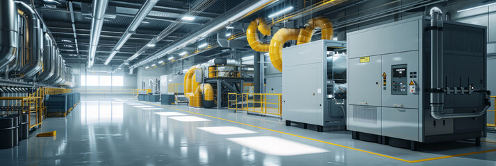 Industrial air purification unit with visible airflow and filtration, set in a busy manufacturing space