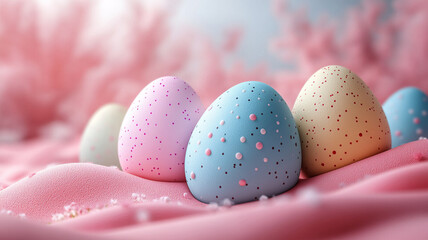 Obraz premium The concept of Easter. Pink, blue and pastel colors. Wooden background, silk fabrics, sakura flowers. Easter eggs.