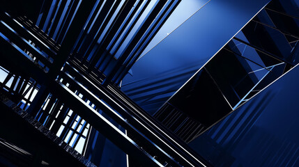 Obraz premium Minimalist abstract design featuring black lines and geometric forms on a dark blue gradient, with reflective metal strips creating sharp, light-defined edges.