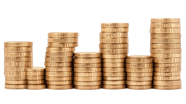 A stack of gold coins arranged in ascending order, symbolizing growth in finances and investment potential.