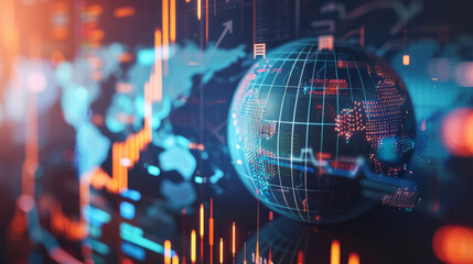 Sophisticated digital infographic, elegant globe with premium graphs and data visualizations, high-end global finance