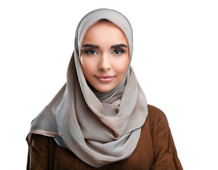 Naklejka premium Portrait of a Smiling Arab Middle Eastern Woman in a Black Hijab, Isolated on a Transparent Background, Highlighting Cultural Beauty and Joyful Expression