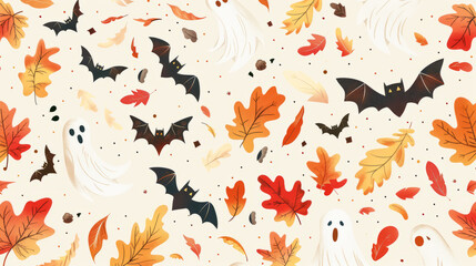 Whimsical autumn pattern with ghosts, bats and falling leaves for Halloween celebration.
