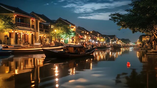 Night view of the canal in Hoi An ancient town, Vietnam, Hoi An ancient town riverfront