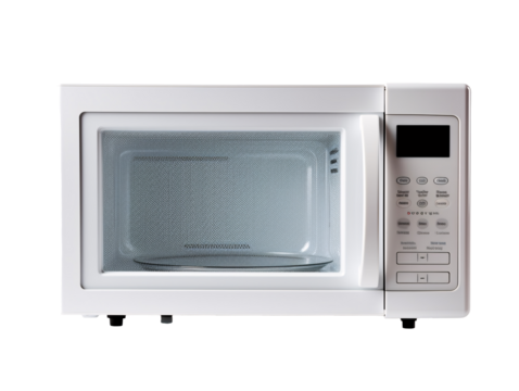 a white microwave oven with buttons and a screen