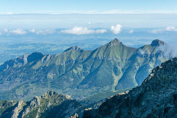 Panorama of the western part of the Belianske Tatras (Tatry Bielskie, Belianske Tatry) mountain range in the morning.