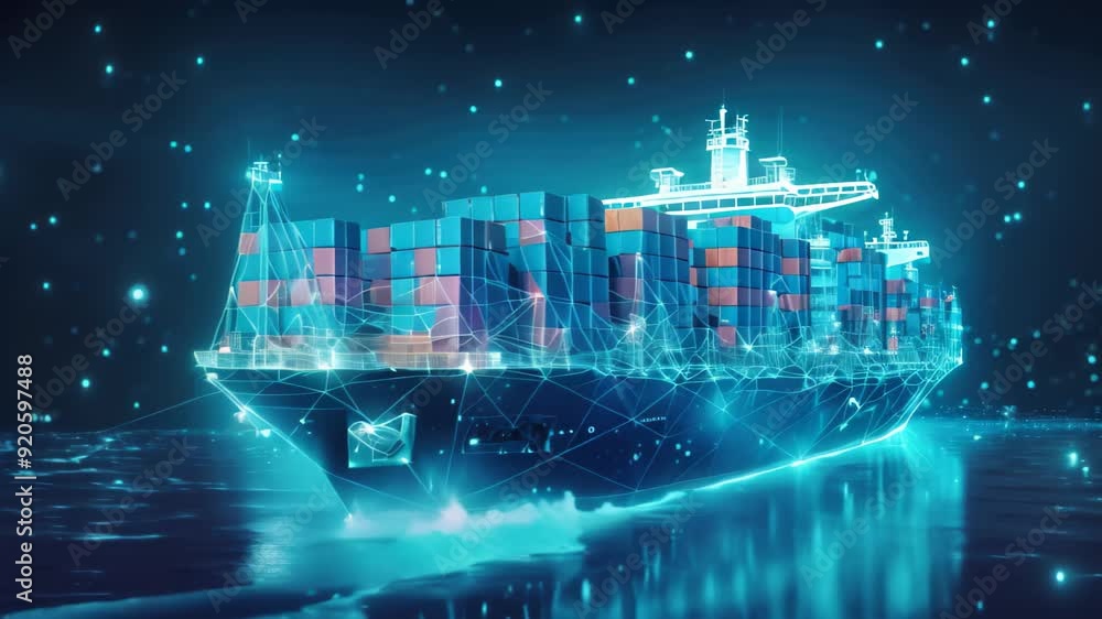 Poster container cargo freight ship with working crane bridge in shipyard for logistic import export backgr