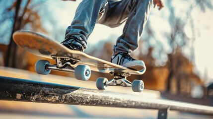 A skateboarder grinding a rail in a skate park.