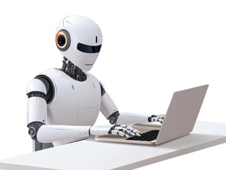 Futuristic robot typing on a laptop, showcasing advanced technology and artificial intelligence in a modern workspace.