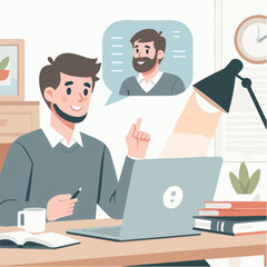 Young man working on computer. Business people sitting at office desk. Flat design vector 