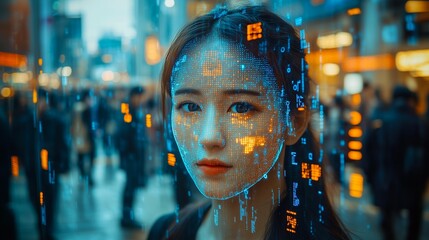 AI facial recognition systems tracking individuals, detailed faces highlighted with biometric data, real-time tracking, ethical concerns